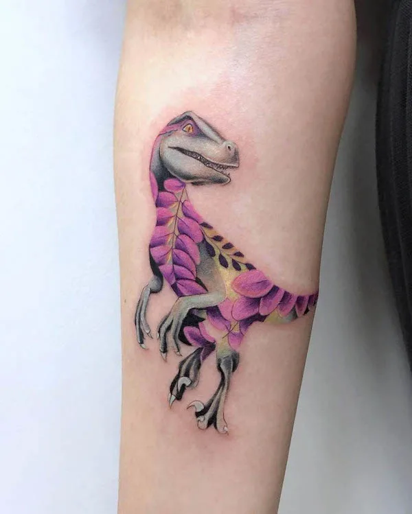 Inner arm T-rex in floral pattern by @osminoga