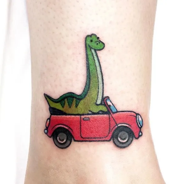 Cute cartoon dinosaur riding a car by @whitewhaleamsterdam