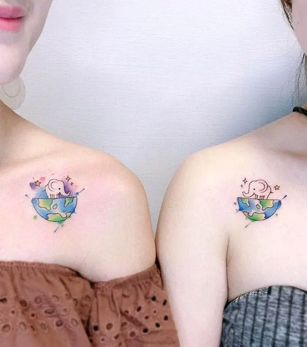 Cute baby elephant best friend tattoos by @lulutatto