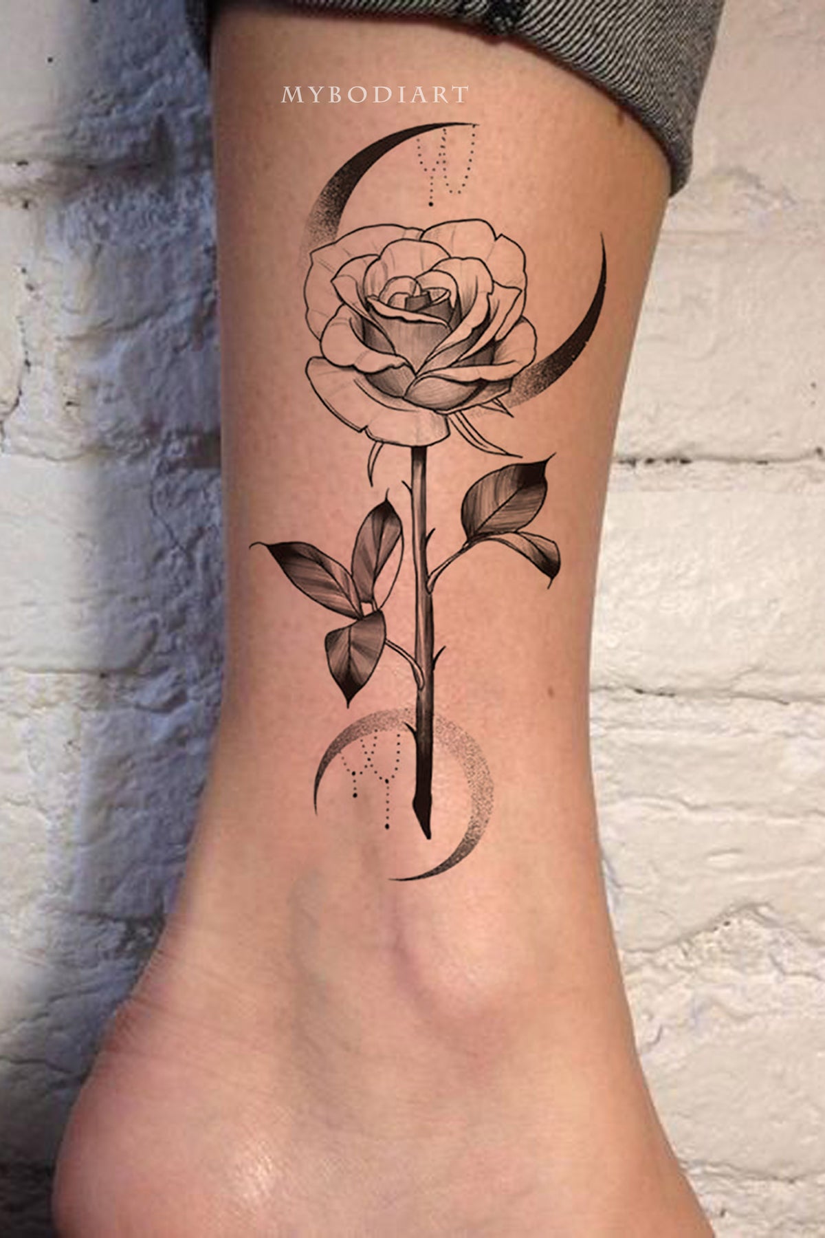 Skyla Single Flower Rose Moon Black Temporary Tattoos – MyBodiArt