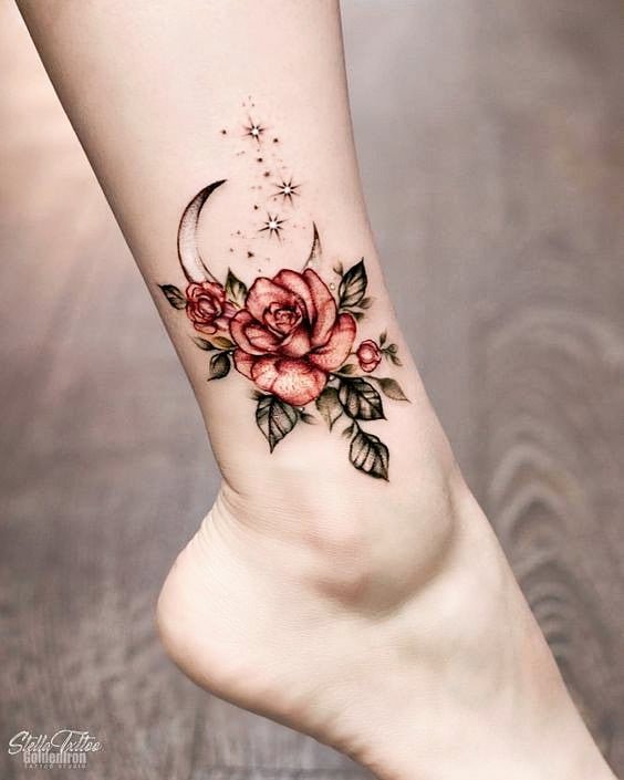 Moon Rose Tattoo on Ankle - Best Tattoo Ideas Gallery