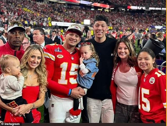 From left to right: Patrick 'Bronze' Lavon Mahomes III, Patrick Sr., Brittany, Patrick Jr., Sterling, Jackson, Randi and Mia are seen the Chiefs' Super Bowl win over the San Francisco 49ers