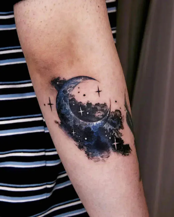 Moon lit sky elbow tattoo by @tattooist_danha