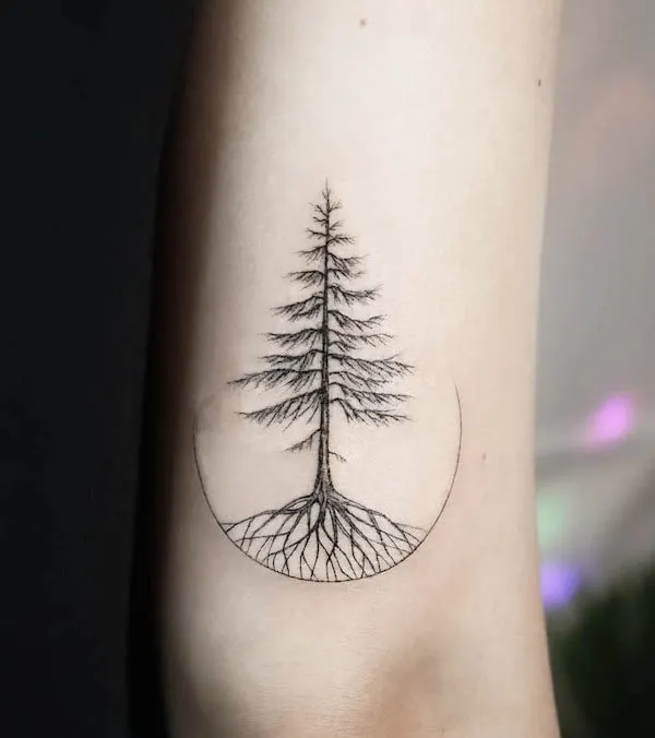 Pine tree tattoo above elbow by @tattooist_namoo