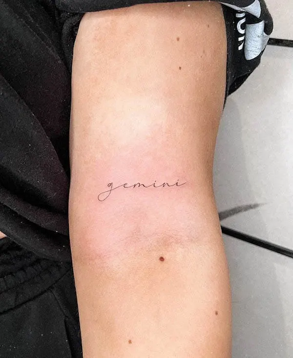 Dainty Gemini script tattoo by @lucysaffrontattoo