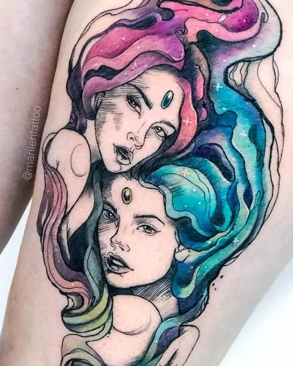 Pink and green Gemini portrait tattoo by @marilentattoo