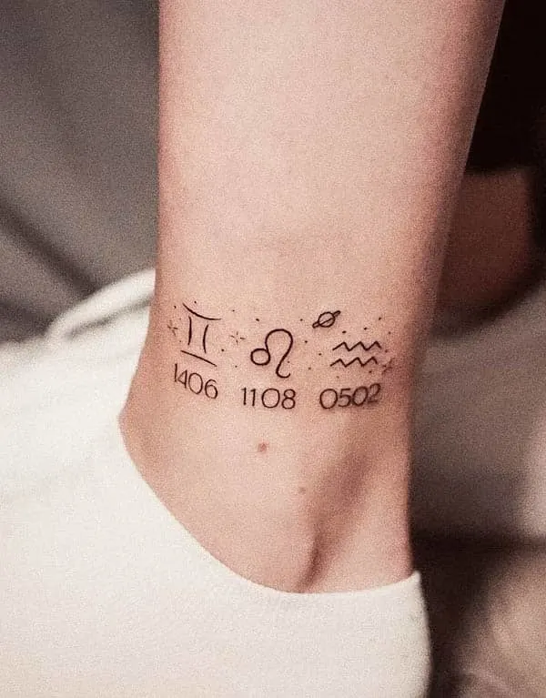 Zodiac symbols ankle tattoo by @inkerella_