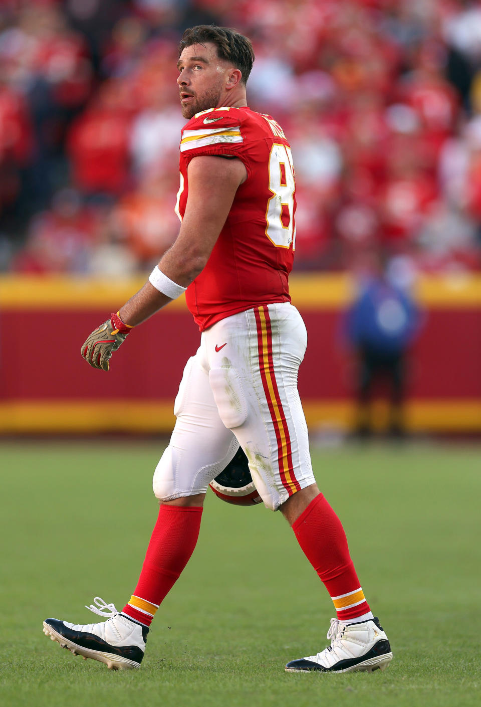 On the field, Kelce has been wearing Air Jordan 11 cleats. Credit: Getty