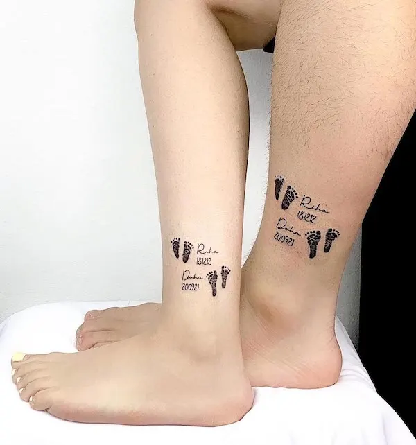 Family tattoos on the ankle by @thisisjisuink