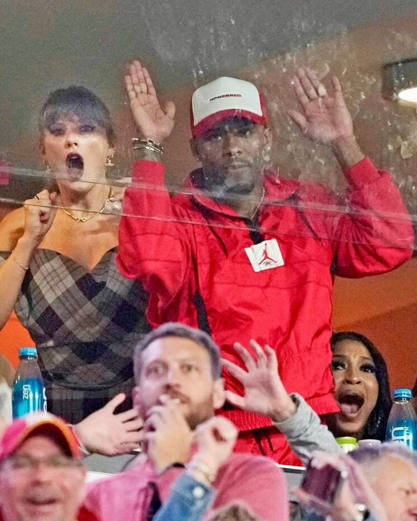 Taylor Swift is spotted hanging out with Travis Kelce’s best friend Aric Jones at the Chiefs game.