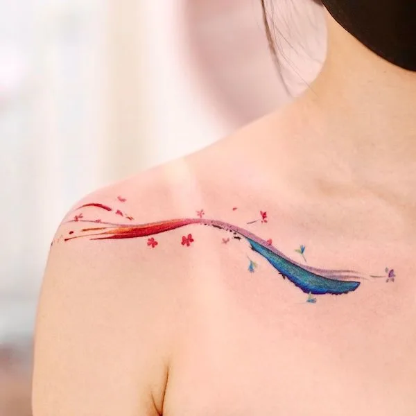 Wind and flower collarbone tattoo for women by @9room_tattoo