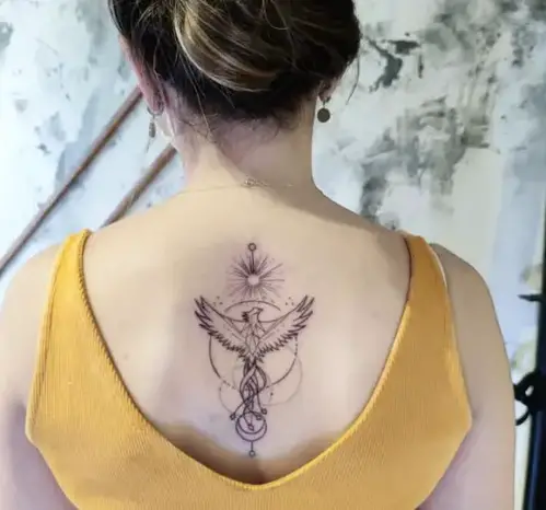 Geometric Phoenix Line Work Back Tattoo