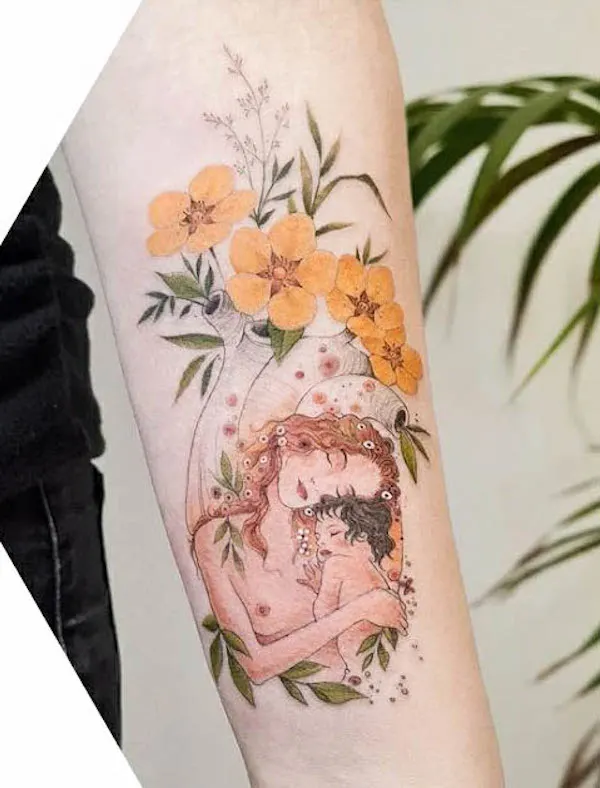 Mother and Child tattoo with flowers by @barbara_corbucci_tattoo