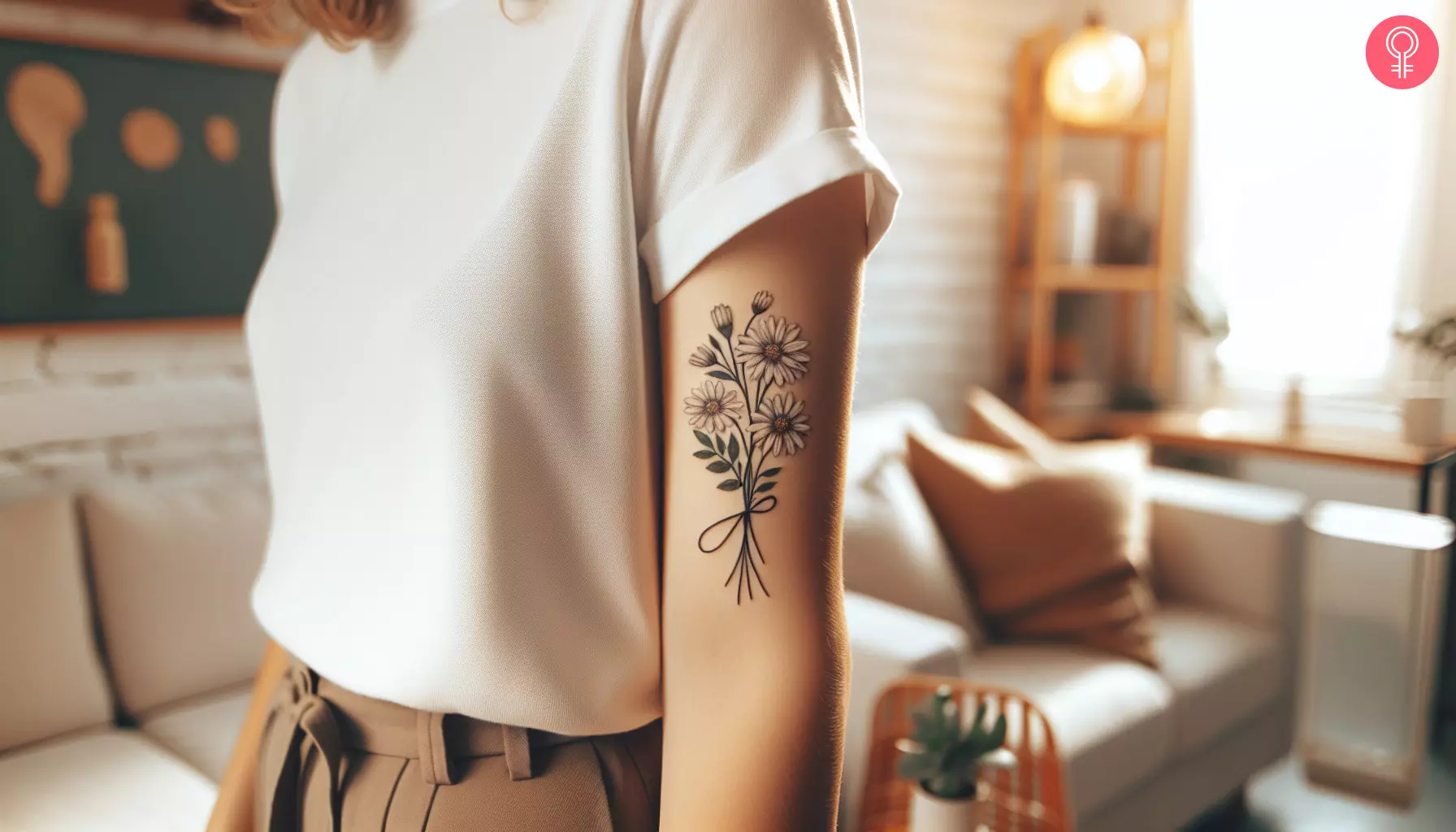 Woman with a daisy April birth flower tattoo