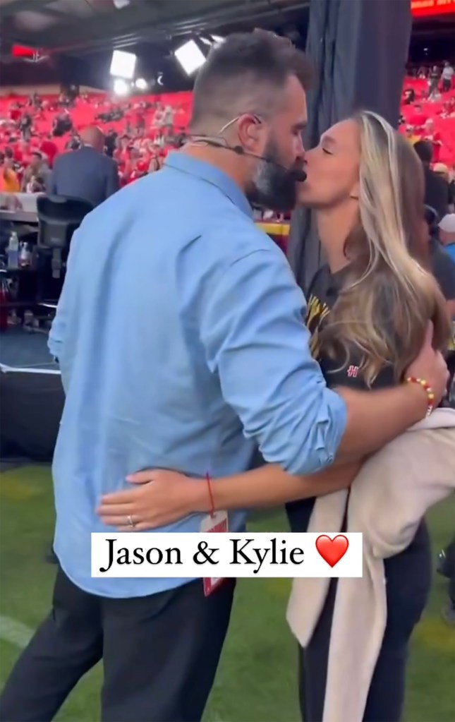 Jason and Kylie Kelce showing PDA at the Kansas City Chiefs game on Oct. 7.