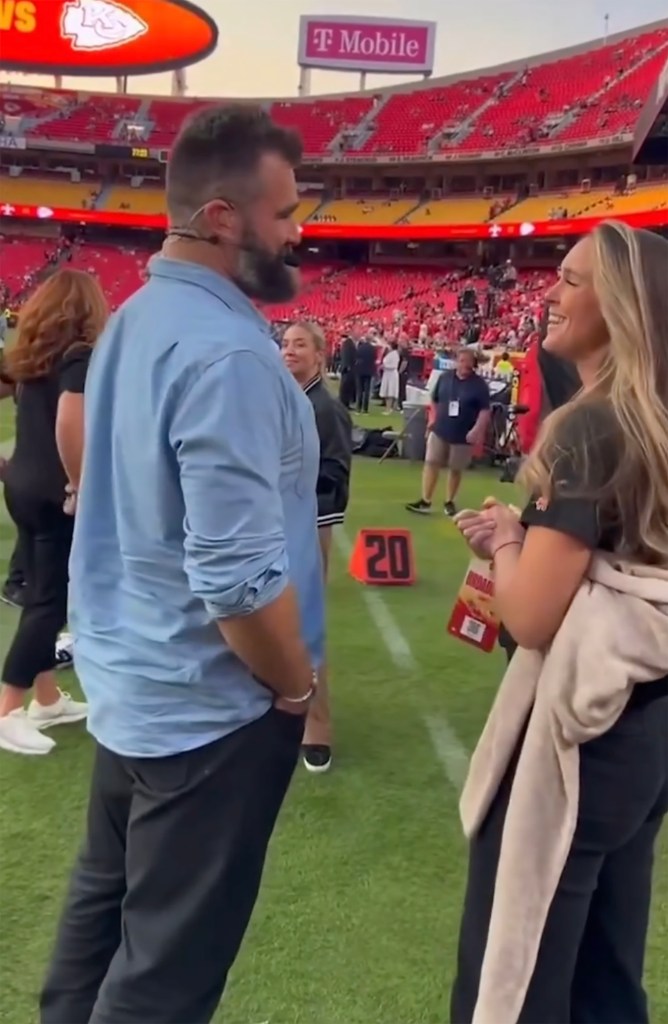 Jason and Kylie Kelce showing PDA at the Kansas City Chiefs game on Oct. 7.