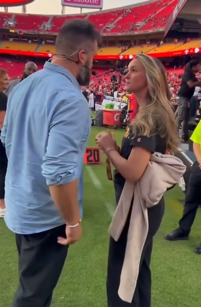 Jason and Kylie Kelce showing PDA at the Kansas City Chiefs game on Oct. 7.