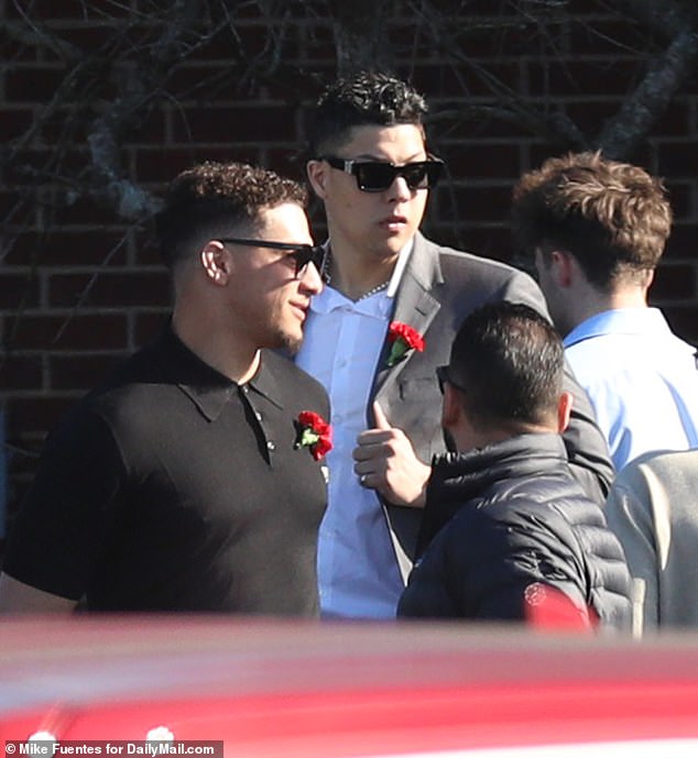 Mahomes was seen chatting to his brother and other guests at the funeral before the service