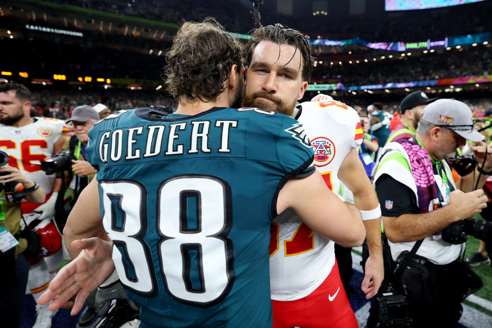 Kelce and Mahomes briefly congratulated some of the Eagles players, such as Dallas Goedert (pictured here), before going back into the locker room. Getty Images