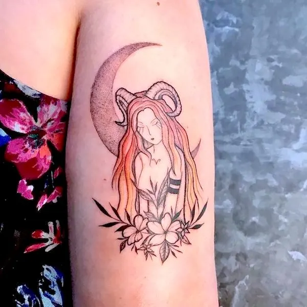 Luna goddess arm tattoo for Aries by @taylyratattoo