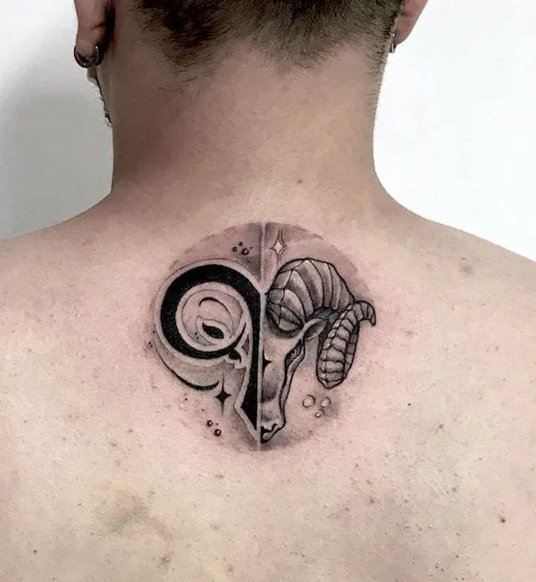 Half-glyph-half-ram neck tattoo by @campa_tattoo