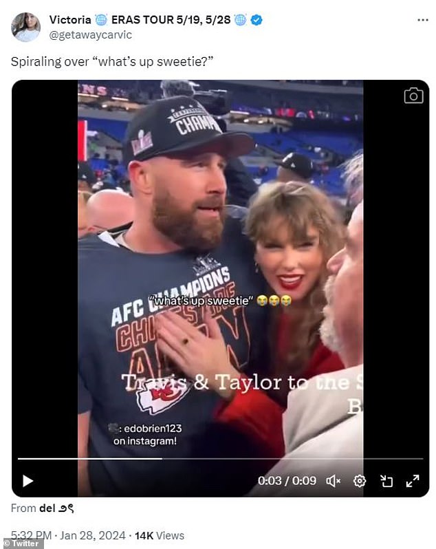 The Chiefs tight end was shown saying, 'What's up, sweetie? Where were you guys at?' when Swift joined him on the field