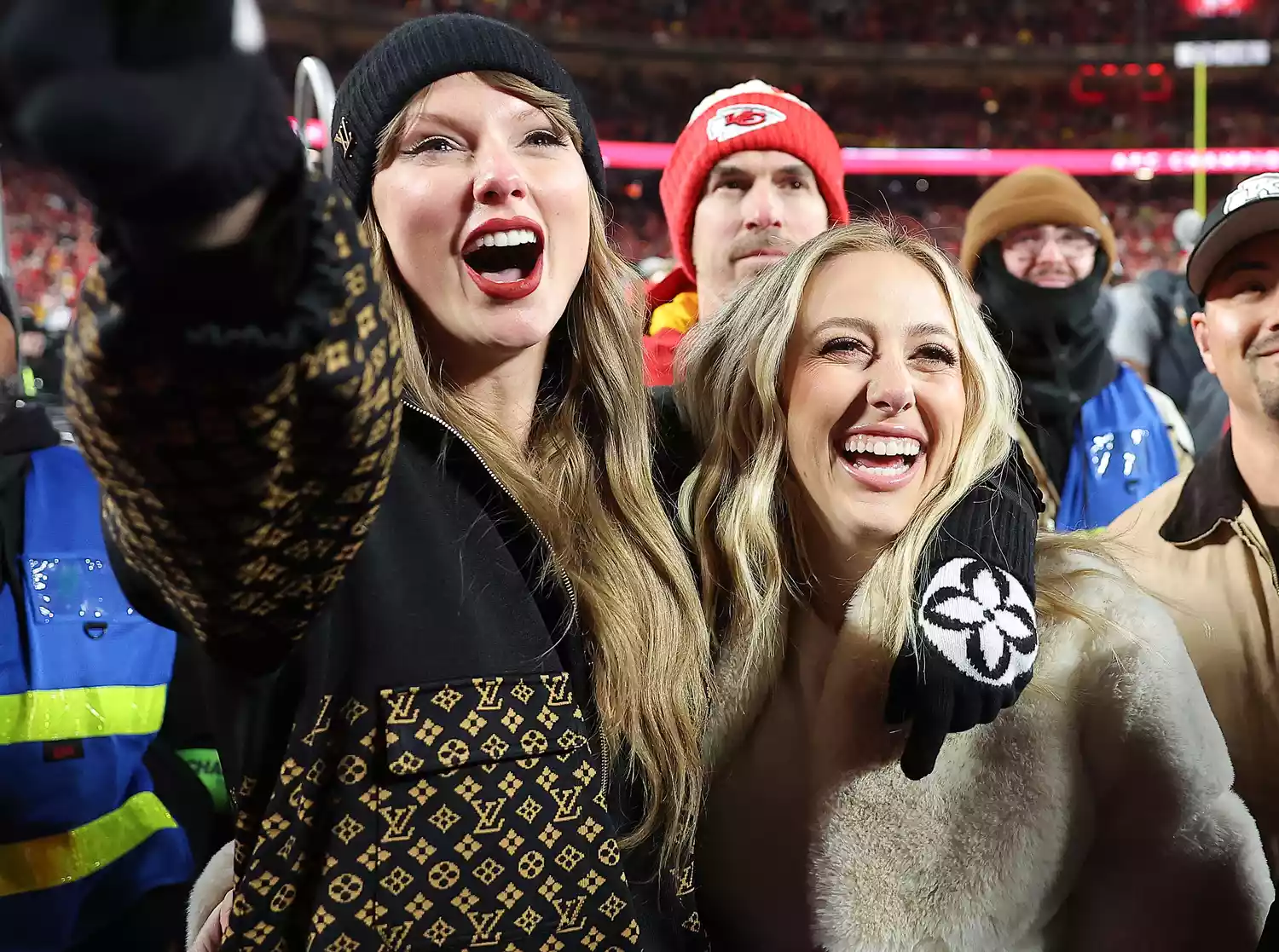 Taylor Swift and Brittany Mahomes celebrate after the Kansas City Chiefs defeated the Buffalo Bills 32-29 in the AFC Championship Game at GEHA Field at Arrowhead Stadium on January 26, 2025 in Kansas City, Missouri.