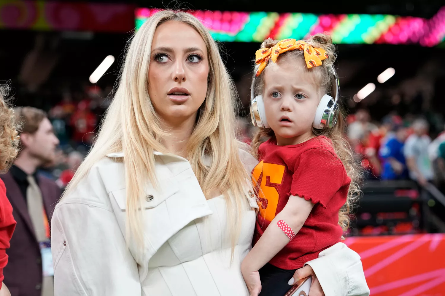 Brittany Mahomes looks on from the sideline before the NFL Super Bowl 59 football game between the Kansas City Chiefs and the Philadelphia Eagles Sunday, Feb. 9, 2025, in New Orleans.