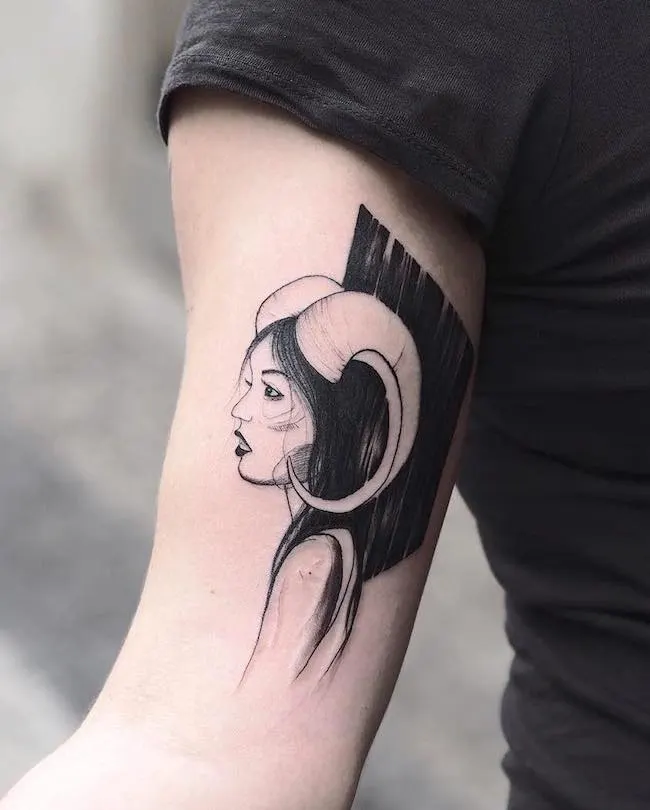 Black and white contemporary Aries tattoo by @blocktattoo