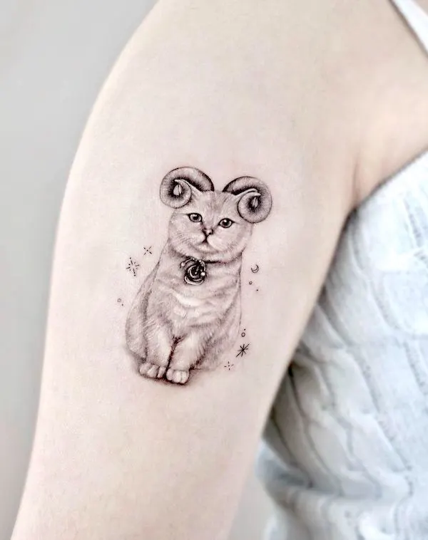 Cute cat tattoo for Aries by @gumu.ink_