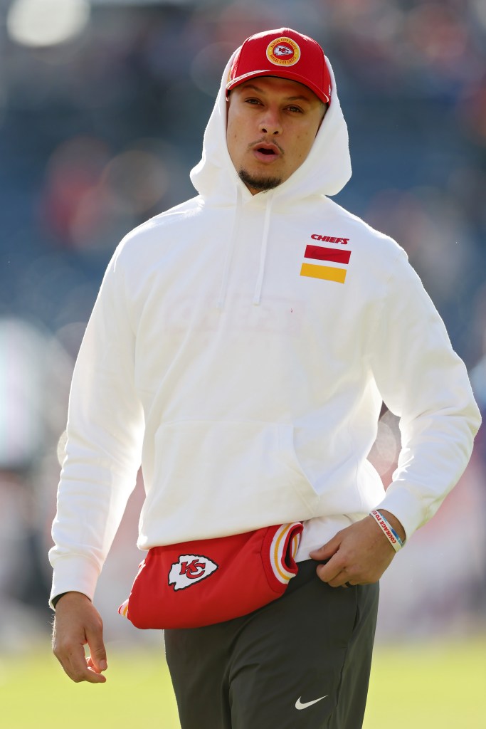 Patrick Mahomes #15 of the Kansas City Chiefs walks across the field before the game against the Denver Broncos at Empower Field At Mile High on January 05, 2025 in Denver, Colorado.