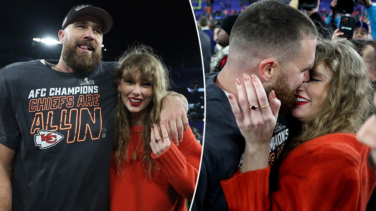 Taylor Swift ôm chặt Travis Kelce khi họ bước đi trên sân