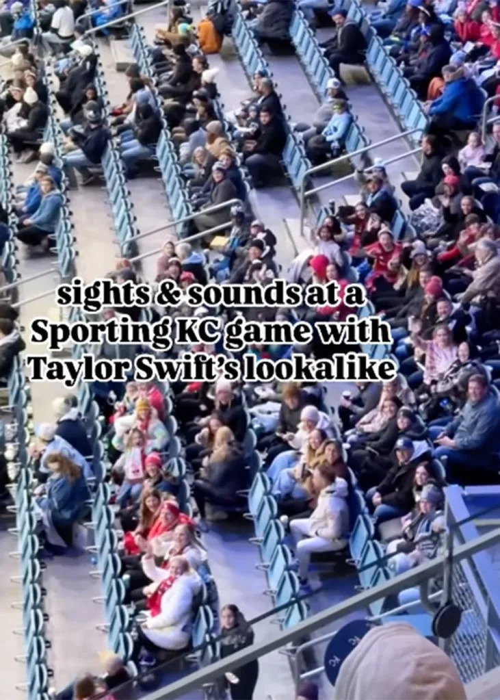 Fans mistook a Taylor Swift lookalike, Kelley Thrasher, for the singer at Sporting Kansas City’s 2-0 victory over St. Louis on Saturday, April 5, 2025. Instagram/excene.spencer