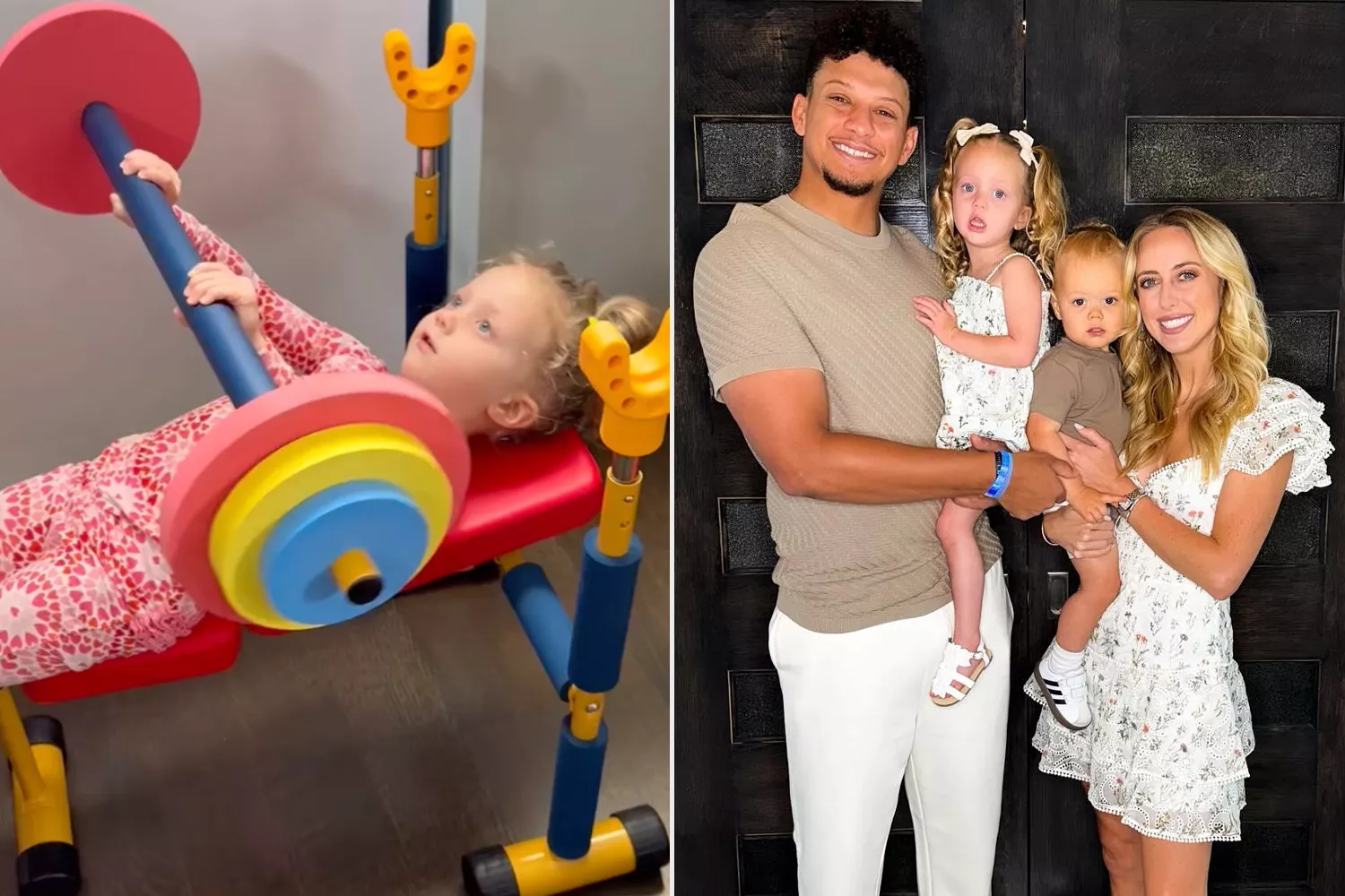 Brittany Mahomes, daughter Sterling, lifting kid's weights; Patrick Mahomes smiles with wife Brittany Mahomes and their two children