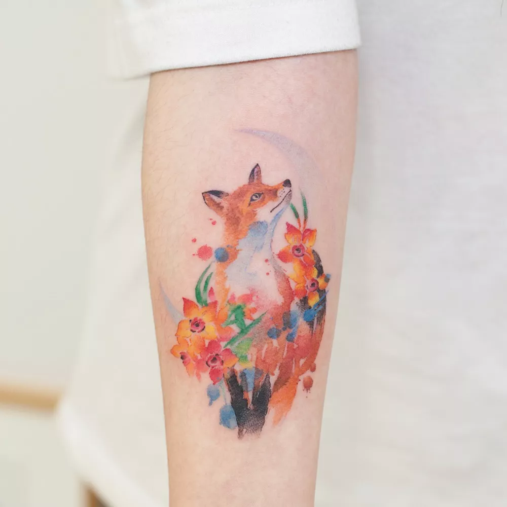 Fox & Flowers Watercolor Tattoos