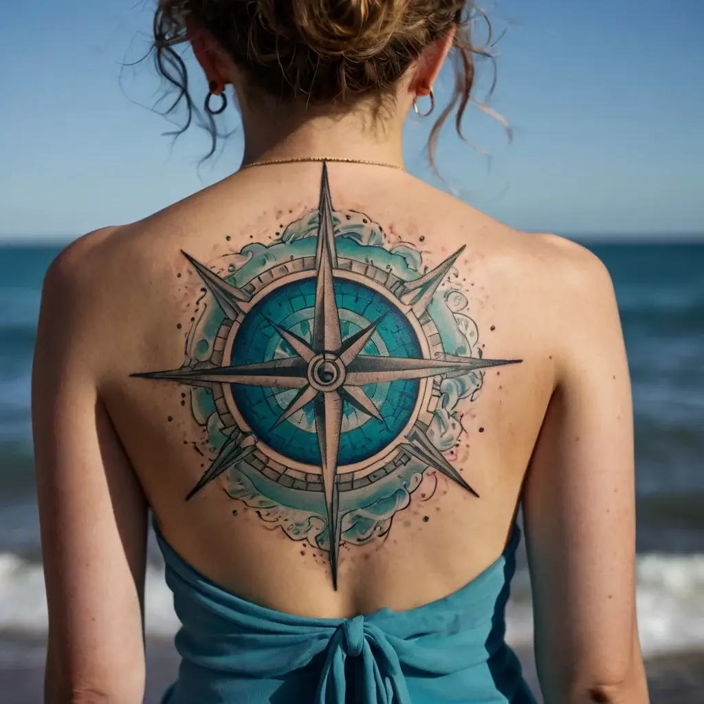 Tattoo of a vibrant turquoise compass rose on the back, with detailed shading and artistic splashes symbolizing exploration.