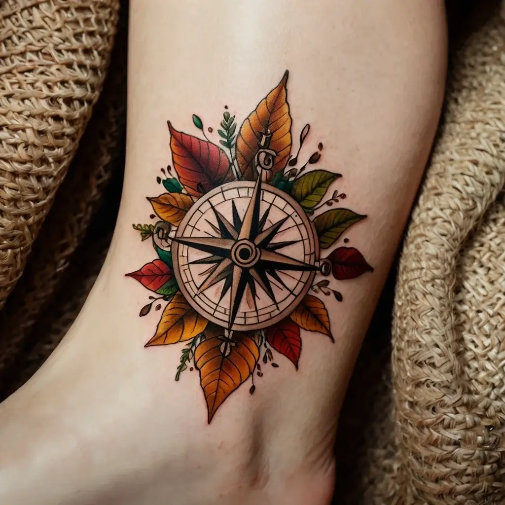 Compass tattoo with vibrant autumn leaves, symbolizing guidance and change, accented with earthy tones.