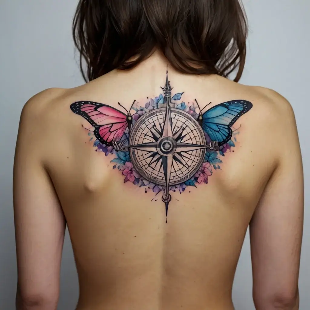 Tattoo of a compass with vibrant pink and blue butterflies, surrounded by colorful flowers on the upper back.