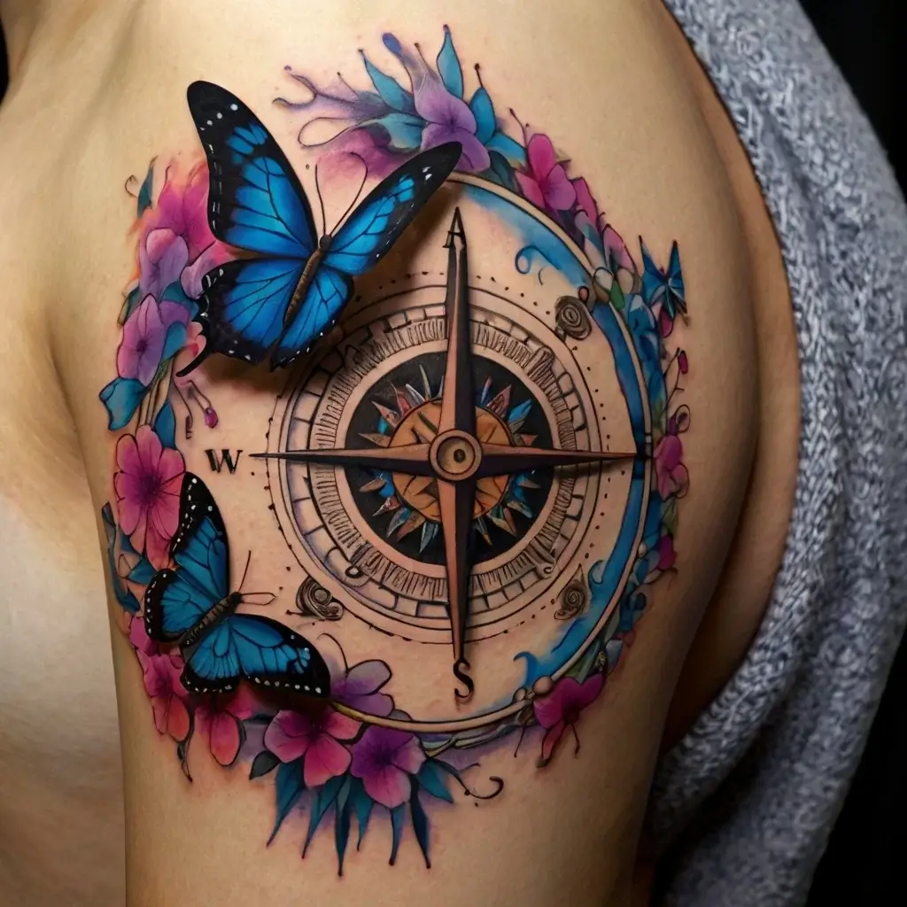 Tattoo of a compass surrounded by vibrant blue butterflies and colorful flowers, symbolizing direction and transformation.