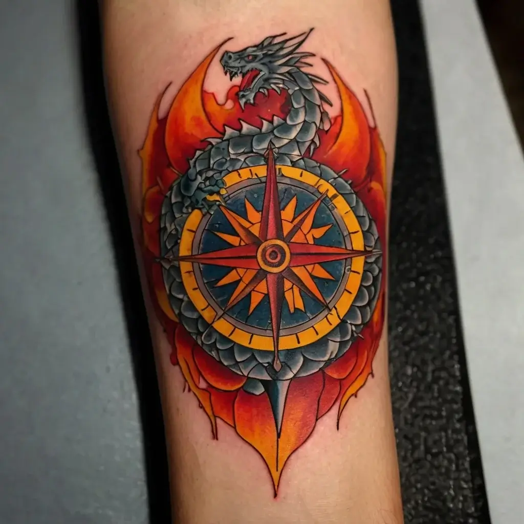 Tattoo of a dragon encircling a fiery compass, blending bold blues and oranges, symbolizing direction and strength.