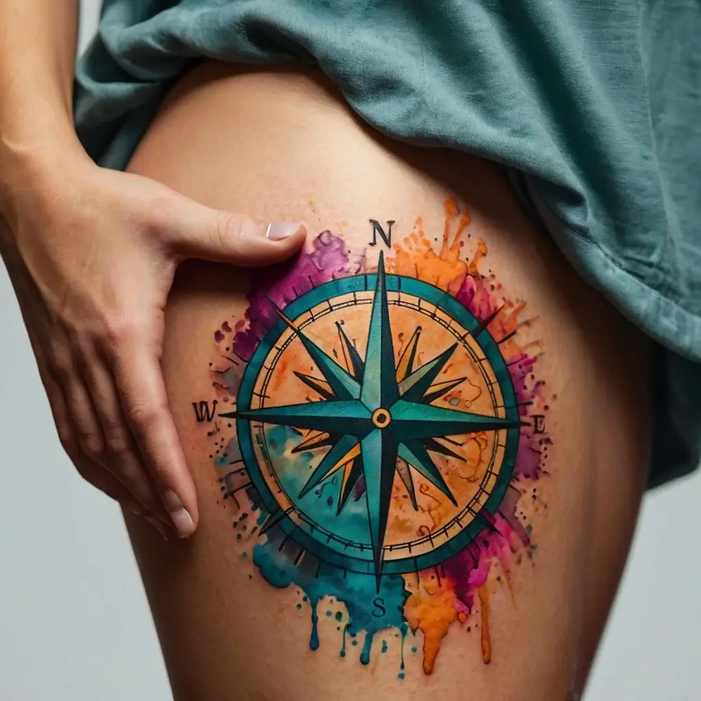 Vibrant compass tattoo with a teal star and bold watercolor splashes in orange, purple, and blue on the thigh.