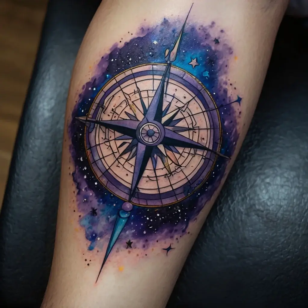 A vibrant compass amid a galaxy backdrop, with blue and purple hues and starry accents, symbolizing direction and adventure.