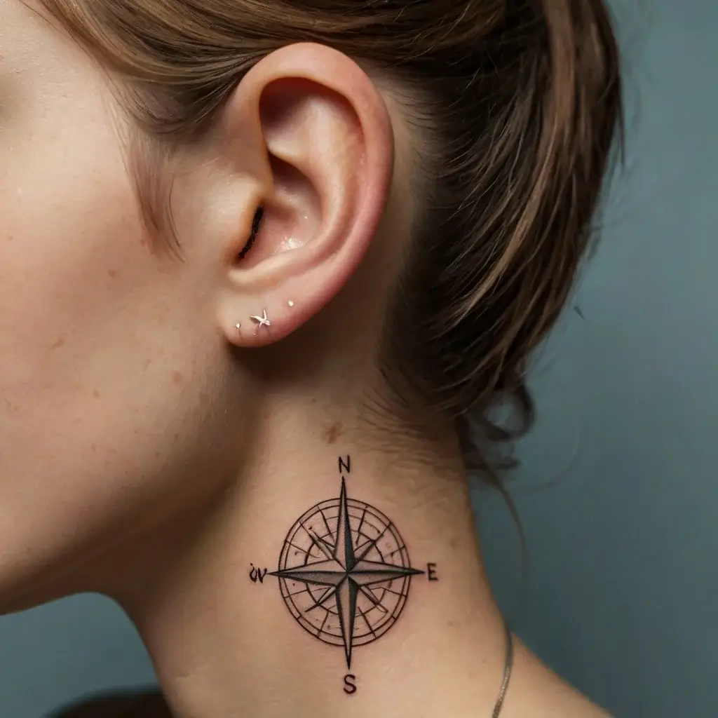 A detailed compass tattoo on the neck, with intricate lines and shading, symbolizes guidance and direction.