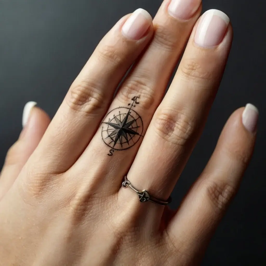 Minimalist compass tattoo on the ring finger pointing north, symbolizing direction and guidance.