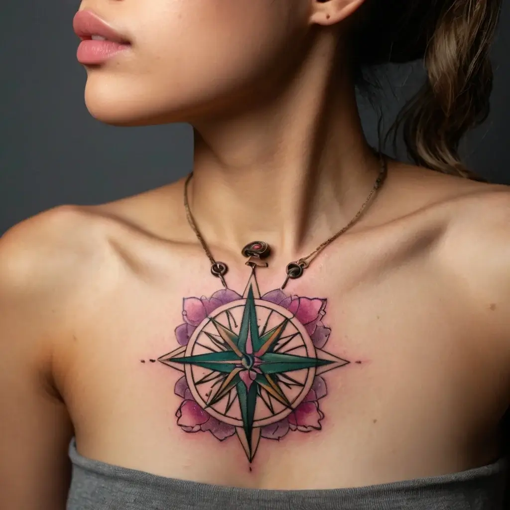 A colorful compass rose tattoo with green and pink hues, overlaid with watercolor-style pink petals on the chest.