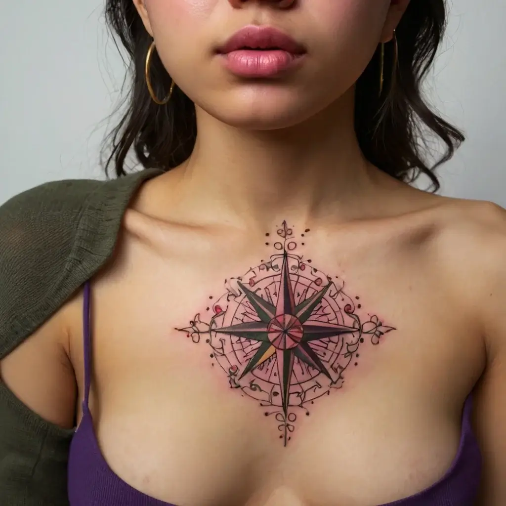 Ornate compass rose tattoo in pink and black, centered on the chest, with intricate linework and dot detailing.