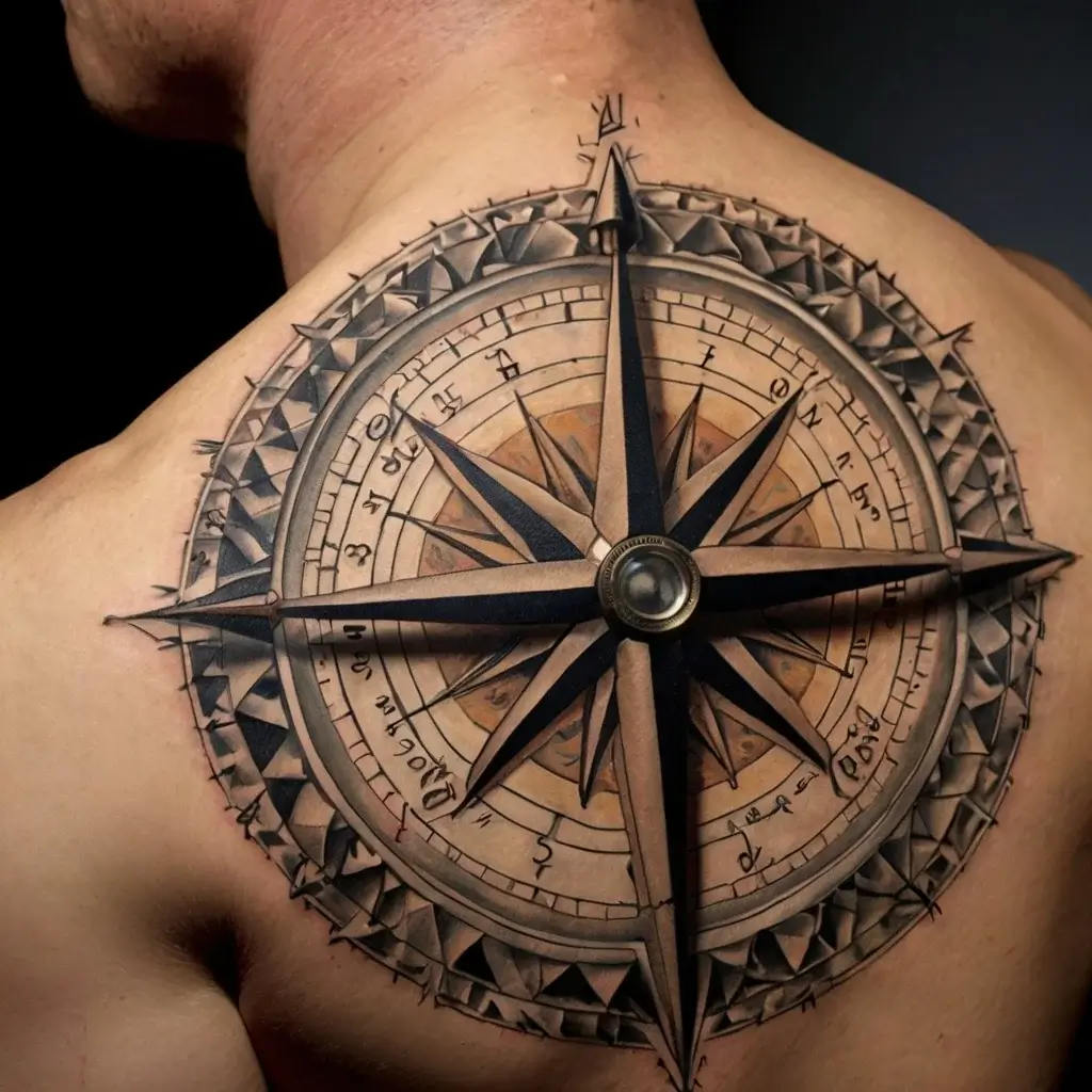 A detailed compass rose tattoo with 3D shading and intricate symbols, centered on the back, radiating adventure and direction.