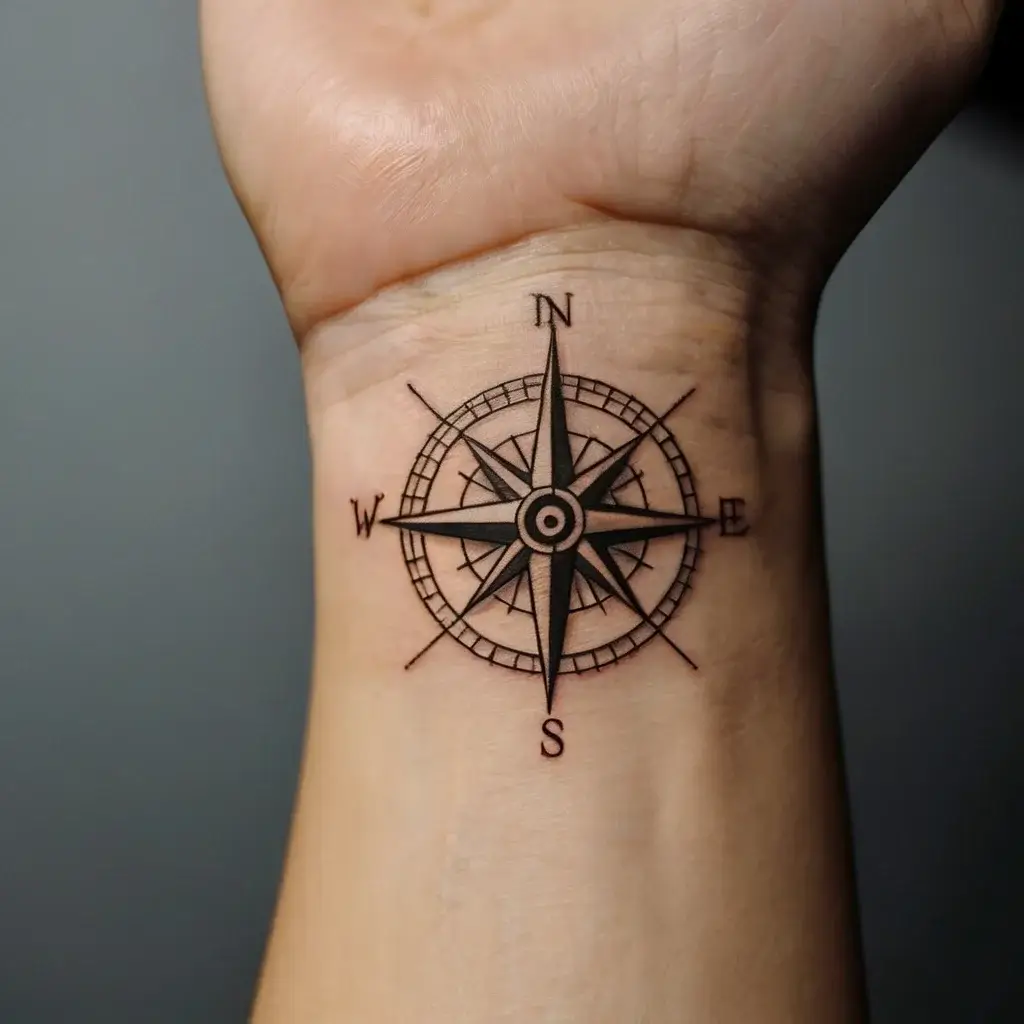 Black compass rose tattoo on wrist with cardinal directions, symbolizing guidance and exploration.