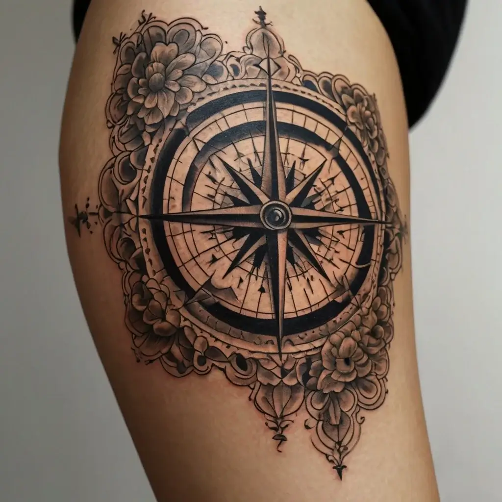 Intricate compass tattoo with floral embellishments, blending bold lines and delicate shading for a striking contrast.