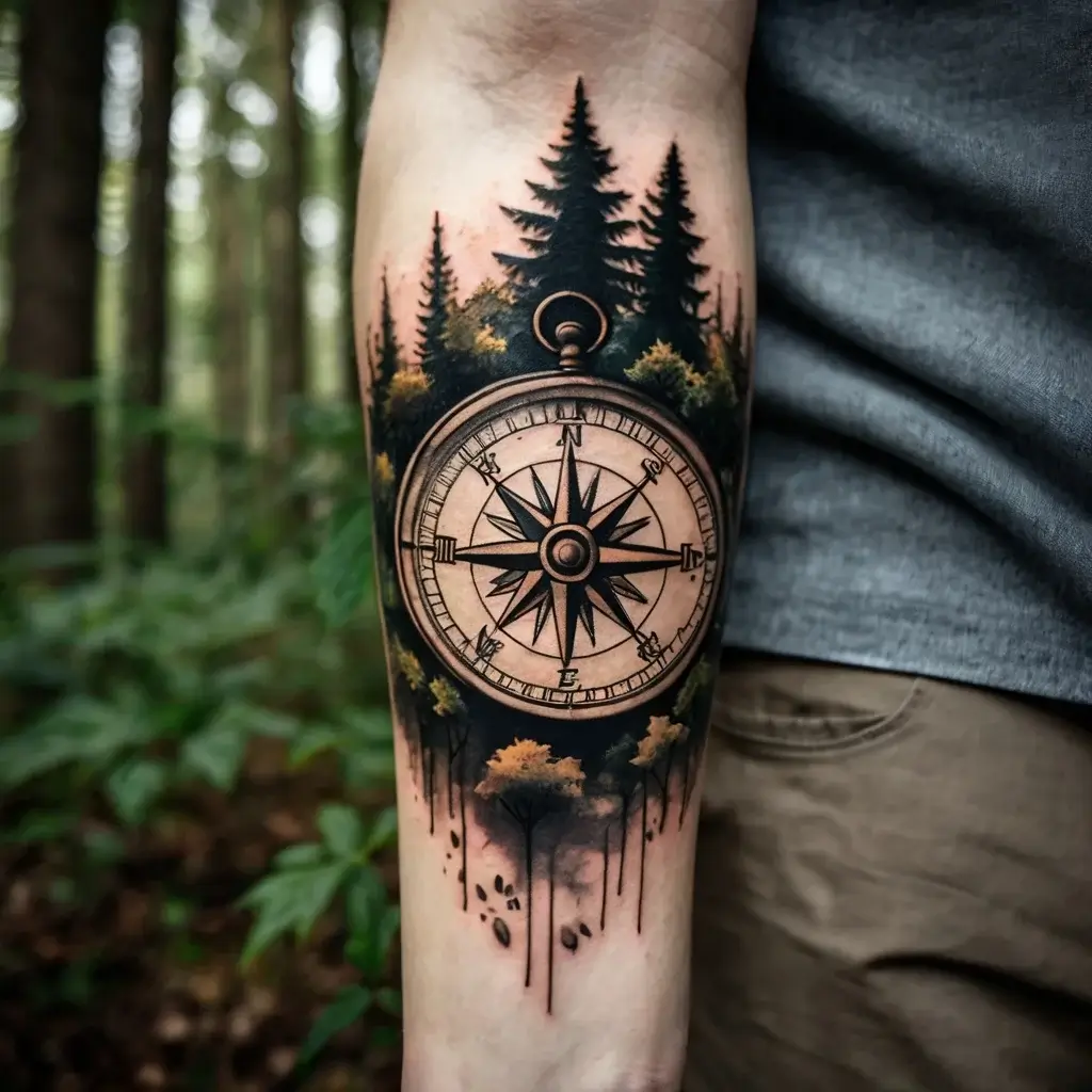 Tattoo of a detailed compass over forest silhouettes, blending into the arm with a watercolor effect of trees and moss.